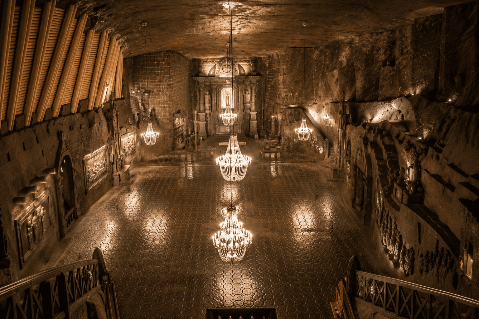 St. Kinga’s Chapel inside Wieliczka Salt Mine, featuring salt-carved walls, sculptures and chandeliers in the vast underground chamber.