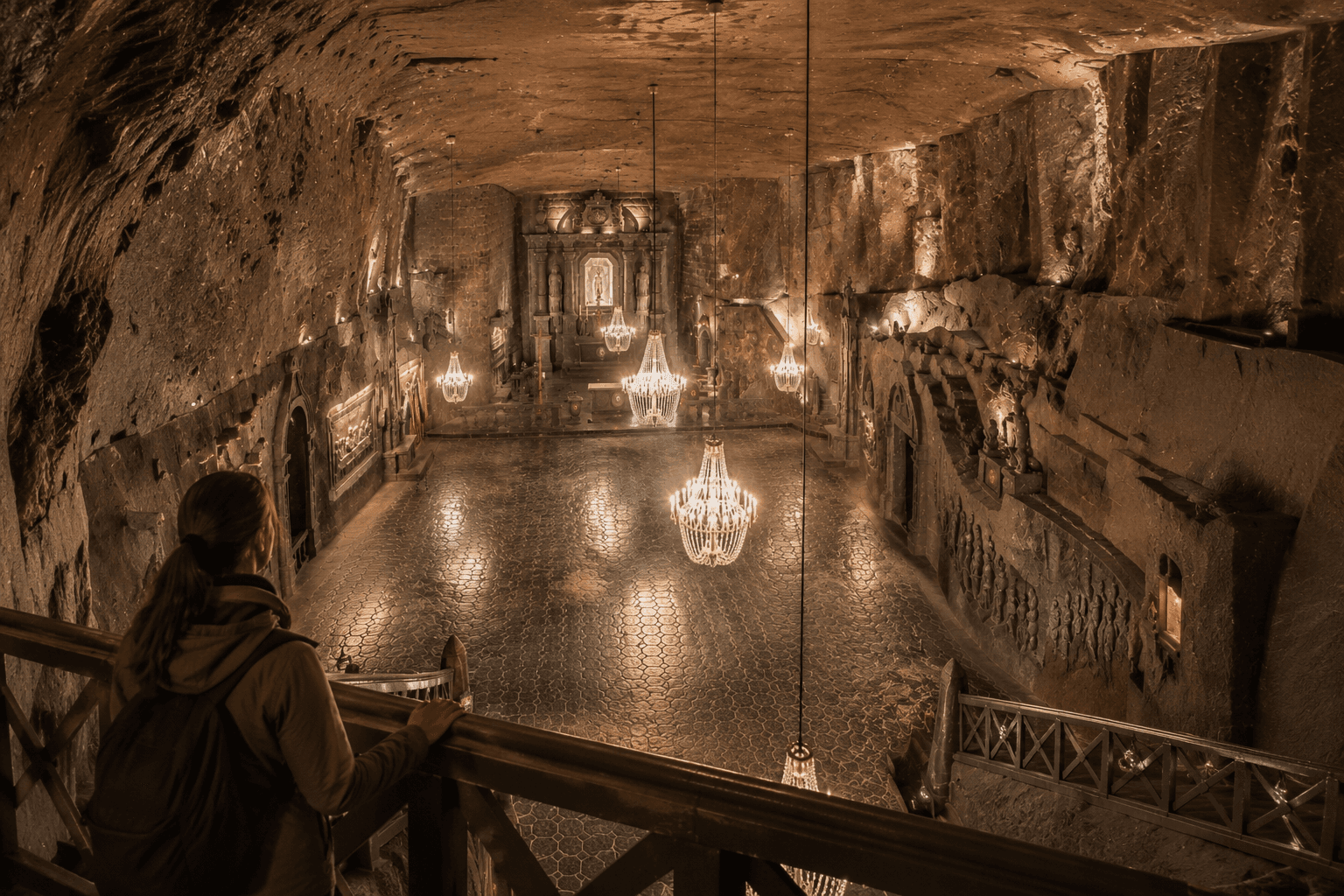 Visitor exploring the underground chambers of Wieliczka Salt Mine during a guided tour near Krakow, Poland.