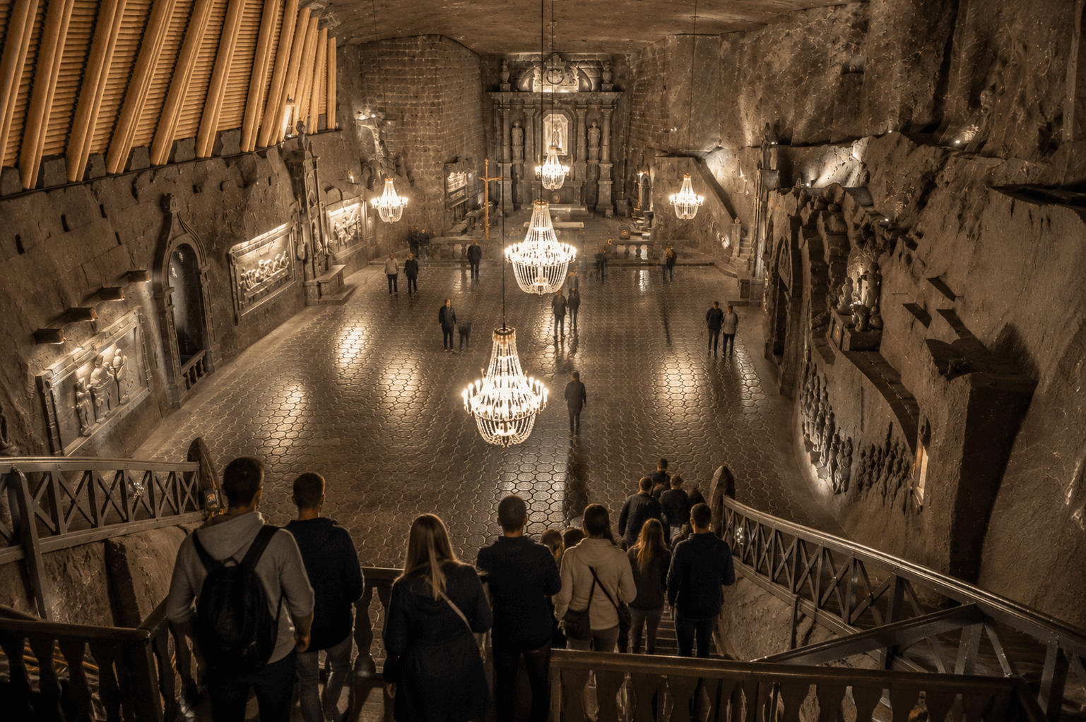 Visitors descending into the Wieliczka Salt Mine during the guided Tourist Route, with illuminated underground chambers and chandeliers.