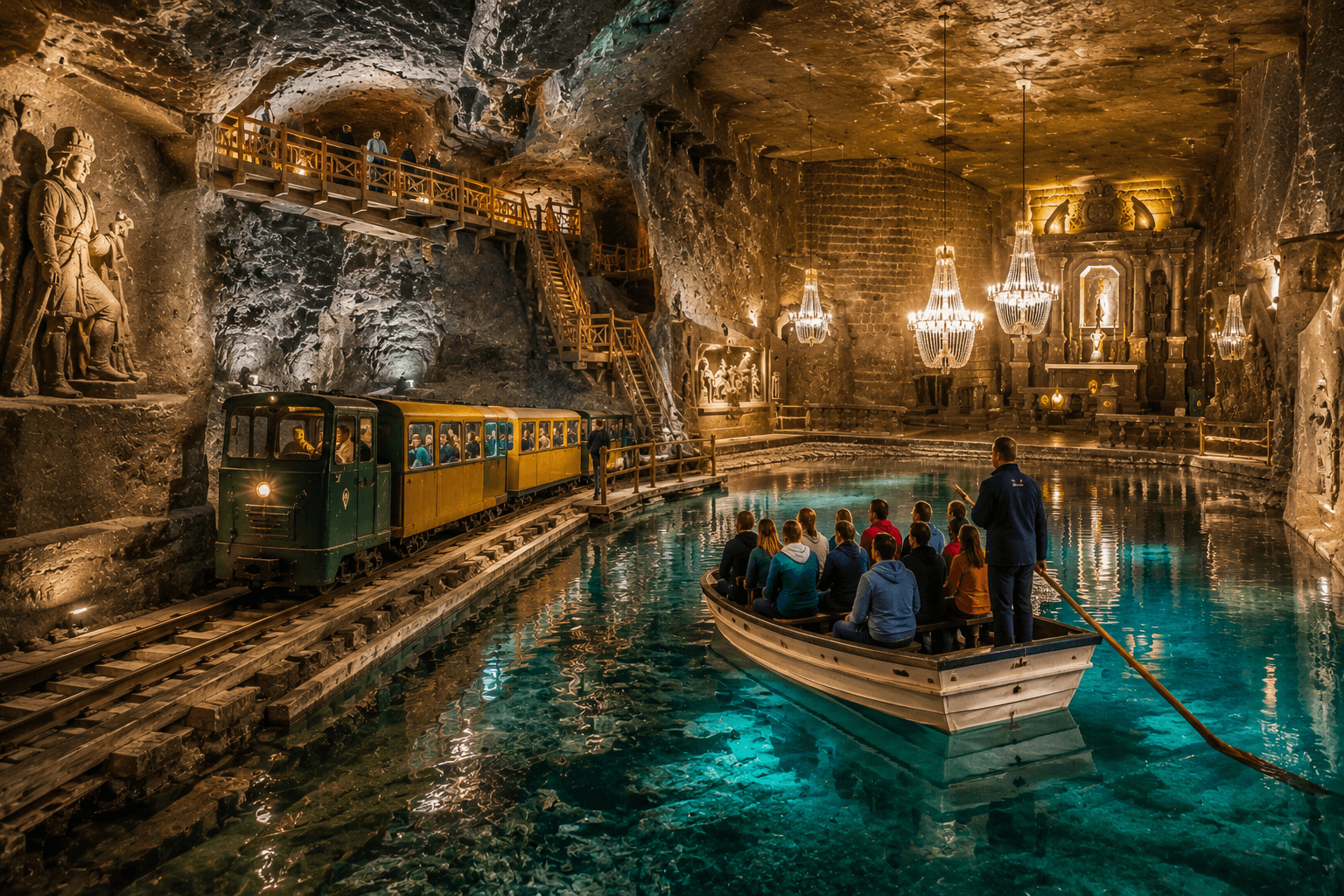 A miner's cart and tools on the Wieliczka Salt Mine's Miners' Route